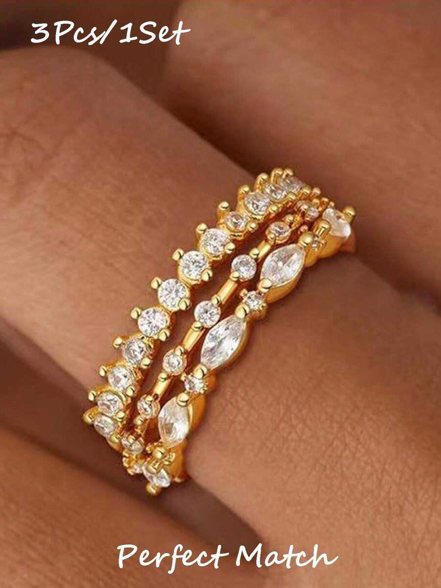 3 Pcs Gold Stackable Rings For Women Non Tarnish – 3 PiecesRing Set With Cubic Zirconia – Dainty Waterproof Stacking Rings For Everyday Wear - Multicolor - View 1