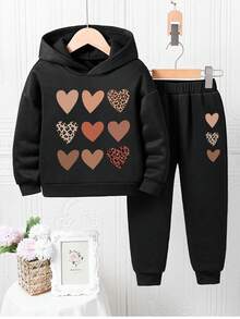 2pcs/Set Girls Heart Pattern Print Warm Hoodie And Sweatpants Set - Black - View 1