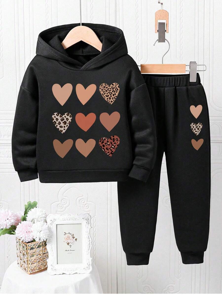 2pcs/Set Girls Heart Pattern Print Warm Hoodie And Sweatpants Set - Black - View 1