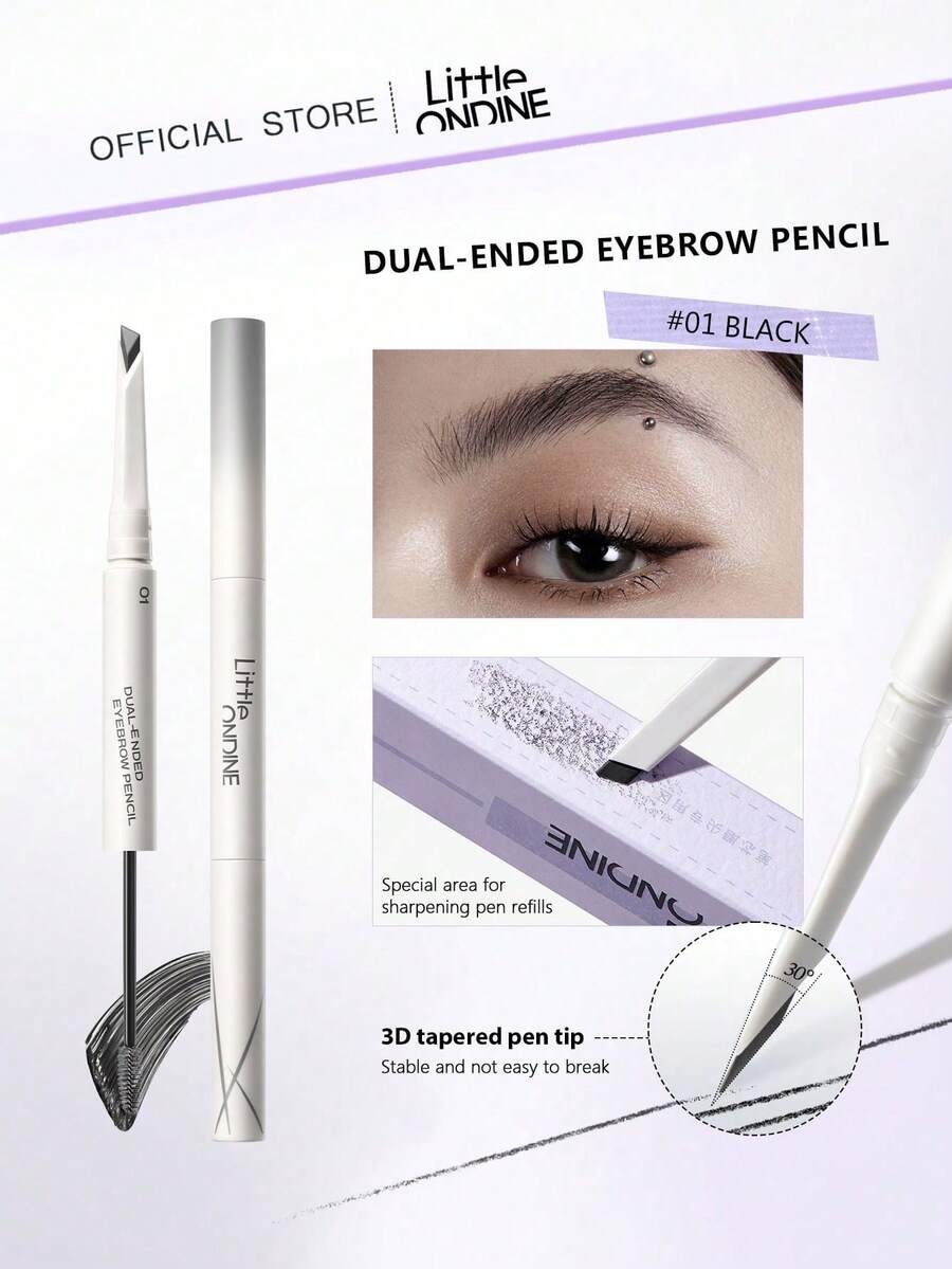 Little Ondine Pensil alis dua sisi 01, dengan ujung segitiga ultra-halus untuk pembentukan yang presisi, kuas spiral untuk perpaduan alami, tahan keringat dan tahan gores, serta mudah dihapus. Pensil alis warna alami, 0,17g + 1,6ml / 0,06oz. - 01 - View 1