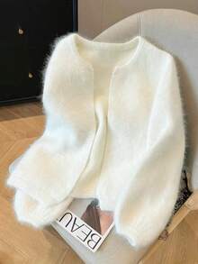Women's Cozy White Knit Cardigan Long Sleeve Regular Length Round Neck Medium Stretch For Fall Outfits - White - View 8