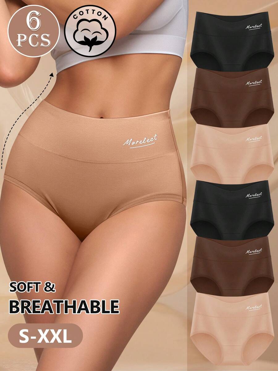 MEIYATING 6pcs Women's High Waist Tummy Control Comfortable Cotton Triangle Panties With Letter Print, Multicolor