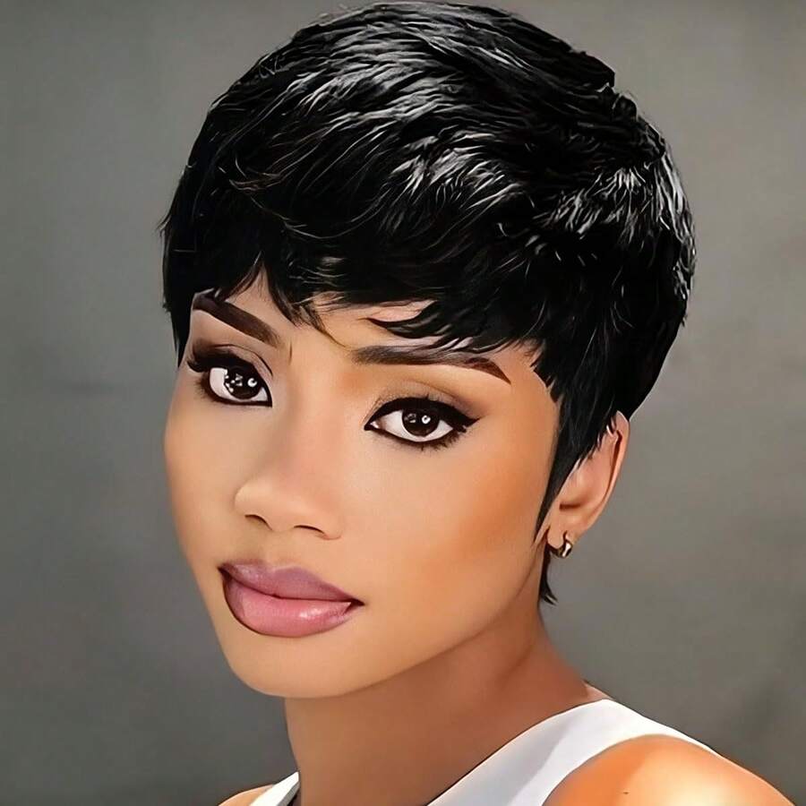 Short Pixie Cut Wig For Women Virgin Human Hair Full Machine Made Short Wigs With Bangs For Daily Wear Pixie Cut Straight Style Perfect For Women Natural Color