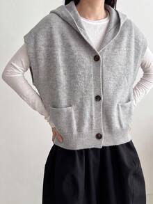 Women's Casual Loose Fit Hooded Cardigan Vest, Autumn Fall - Grey - View 3