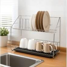 2 Tier Dish Drying Rack With Drain Tray, Large Capacity Kitchen Counter Dish Rack, Metal Dish Drainer With Removable Utensil Holder - View 2