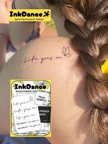 1 Kit "Life Goes On" New Technology Tattoo Sticker, Semi-Permanent, English Quote, Script Lettering, Cursive, Meaningful, Minimalist, Temporary Tattoo, Fake Tattoo, Waterproof & Long-Lasting Realistic Design, Plant-Based Formula, Ink Dance X143 - Black - View 1