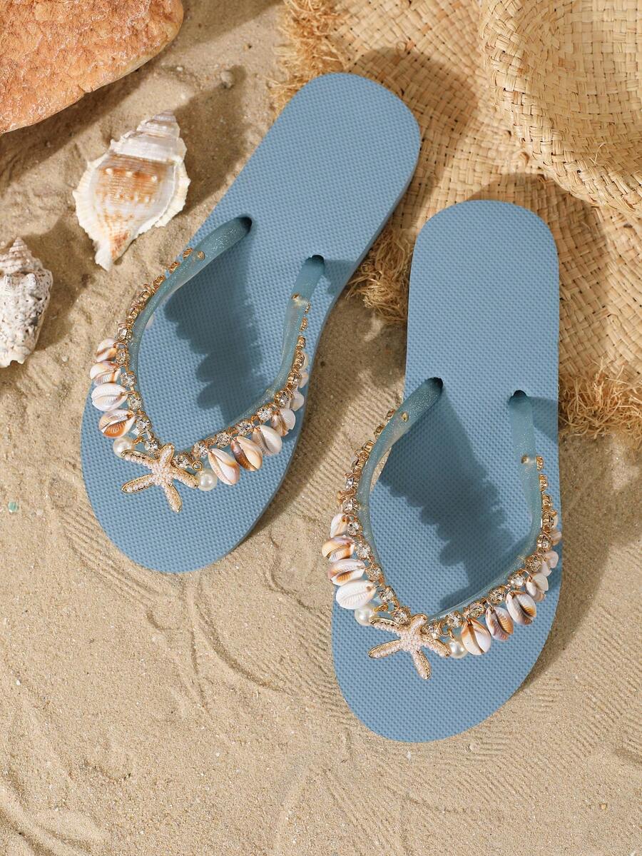Evertop Surf 女款軟底波希米亞風手工串珠沙灘涼鞋,夏季 - 淺藍色 - 查看 1