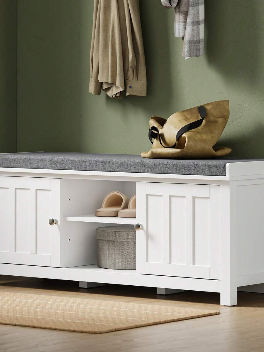 SoBuy | Shoe Bench With Cushion | Entryway Storage Cabinet With 2 Doors | Hallway Organizer In Particleboard | 105*35*43 Cm | Load Capacity 249 Kg - 白色 - 查看 1