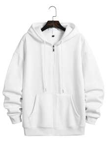 American Minimalist Men White Zip Hoodie And Joggers Set, Solid Loose Casual 2 Pieces Outfit - White - View 6