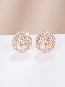 1 Pair Fashionable European And American Vintage Tree Of Life Hollow Stud Earrings, Niche Design Round Frame Tree Shape Elegant Women's Commute Date Niche Exquisite Wealth Meaning Earrings Gift - Earrings - View 2