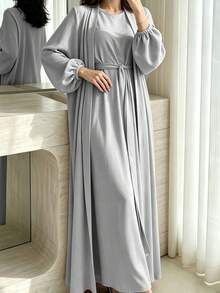 1 Set Soft Muslim 3-Piece Abaya Dress Inner Layer + Cardigan + Belt Classic Versatile Style - Multicolor - View 14