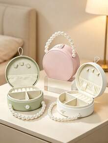 1pc/6pcs Portable Round Jewelry Box, Pearl Handle, PU Leather Mini Jewelry Organizer, Divided Soft Lining Storage Box, Scratch-Resistant Travel Jewelry Case, Compact Storage For Rings Earrings Necklaces, Ideal Gift For Women - Multicolor - View 2