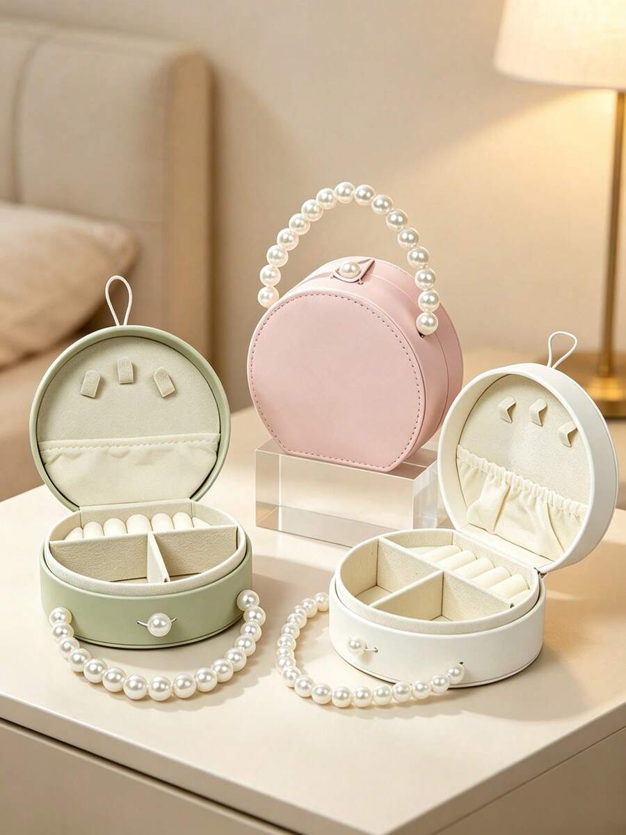 1pc/6pcs Portable Round Jewelry Box, Pearl Handle, PU Leather Mini Jewelry Organizer, Divided Soft Lining Storage Box, Scratch-Resistant Travel Jewelry Case, Compact Storage For Rings Earrings Necklaces, Ideal Gift For Women