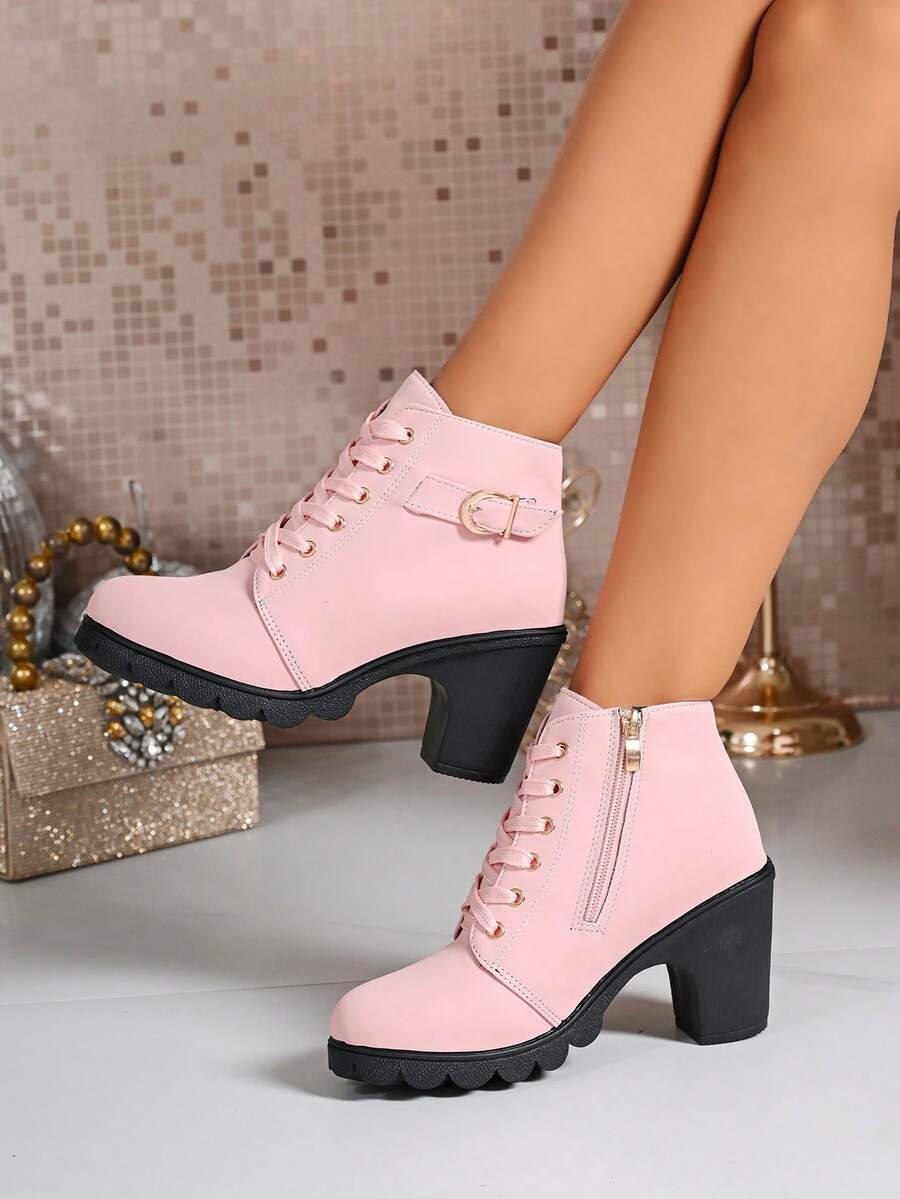 大尺碼時尚百搭粗跟高跟踝靴 - 粉色 - 查看 1