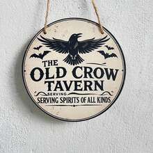 2D Flat - A Vintage French "Old Crow Tavern" Wooden Wall Halloween Decoration, Featuring Crow And Bat Designs With Gothic Lettering - Made Of Wood, Suitable For Indoor/Outdoor Use, Perfect For Home, Cafe - Multicolor - View 6
