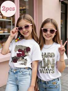 Two-Piece T-Shirt Set For Girls: White Short-Sleeve Crewneck Tee With Red Rose Print & Newspaper-Style Graphic - White + White - View 3