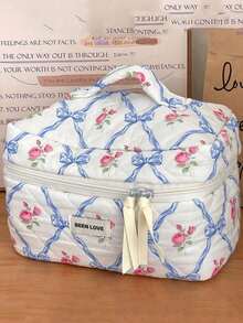 Sweet Pink Rose Blue Bow Lattice Pattern Quilted Cosmetic Bag, Portable Handheld Large Capacity Travel Makeup Organizer, Fashion Zipper Toiletry Storage Bag For Daily Trip Vacation - Multicolor - View 15