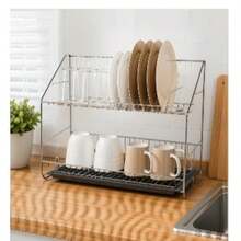 2 Tier Dish Drying Rack With Drain Tray, Large Capacity Kitchen Counter Dish Rack, Metal Dish Drainer With Removable Utensil Holder - View 5