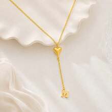 1pc Simple Vintage Heart Initial Pendant Golden Stainless Steel Chain Necklaces For Women - Yellow Gold - View 3
