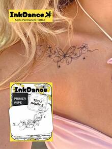 1 Set "Abstract Butterfly & Flower" New Technology Tattoo Stickers, Semi-Permanent, Floral Swirl, Minimalist, Flower, Y2K, Temporary Tattoo, Realistic Tattoo, Waterproof And Long-Lasting Design, Plant-Based Formula, InkDance, Ink Dance X135 - Black - View 7