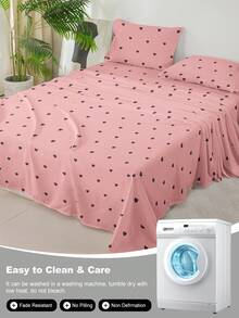 4件套小愛心印花床單套件，1件床墊包單、1件平鋪床單與2件枕頭套，柔軟親膚透氣床上用品套裝，舒適可機洗床墊保護套，易打理四季通用臥室裝飾，適用 King Queen Full Twin 尺寸家用床上用品套裝 - 彩色 - 查看 7