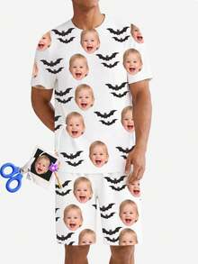 Custom Baby Portrait Bat Halloween Men's Pajama Set, Personalized Children Face Full Print Lightweight Home Sleepwear Gift - Multicolor - View 2