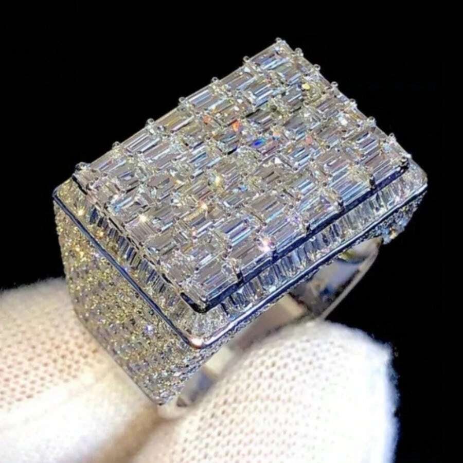 Women's Fashion Wide Band Ring, Square Face Fully Set With Synthetic Zirconia, Luxury High-Profile Versatile Style, Suitable For Evening Gowns, Eye-Catching Finger Ring - Silver - View 1