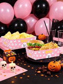 20pcs/40pcs/60pcs Halloween Pink Ghost Paper Food Tray, Pink "Boo" Ghost Pattern Disposable Paper Boat Trays Snack Serving Containers For Halloween Parties, Birthdays, And Day Of The Dead Celebrations - Multicolor - View 3