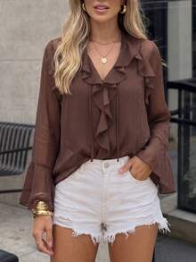Women's V-Neck Ruffle Chiffon Blouse Brown Semi-Sheer Bell Sleeve Top - Brown - View 11