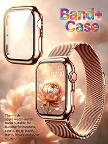 Magnetiskt band och boett i rostfritt stål för Apple Watch 40/41/42/44/45/46 mm, flätad metallrem och skärmskydd för kvinnor och män - Rosa Guld - Visa 8