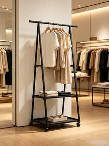 1pc A-Frame Rolling Floor Coat Rack With Double Layer Storage Shelves, Heavy Duty Movable Metal Clothes & Hat Organizer, Space Saving Portable Garment Rack Stand With Wheels For Bedroom, Store, Dorm, Closet, Laundry Room, Father's Day Gift - View 4
