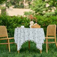 1pc Fresh Green Ditsy Floral Tassel Tablecloth, French Country White Fabric Round Table Cover, Picnic Tablecloth - Multicolor - View 5