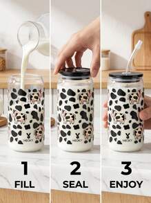 Meoky 16oz Glass Cup, Cow Print, High Borosilicate Glass Jar-Shaped Cup. Multi-Functional Kitchenware, Suitable For Home Hospitality, School Lunch Box And Office Coffee. Charming Everyday Cup And Party Favor. - Black Lid Black and White Cow - View 10