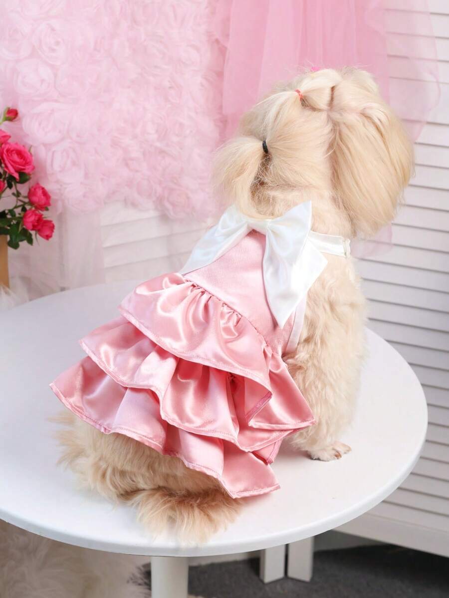 Pink Satin Bow Princess Dress Harness, Suitable For Cats & Dogs, Birthday Party, Photo Shoot, Spring/Summer/Autumn - Pink - View 1