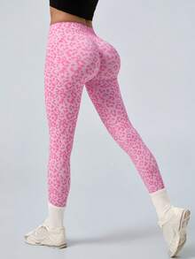 NcmRyu 1pc Women's Leopard Print Seamless Ruched Butt High Waist Athletic Leggings - Pink - View 8