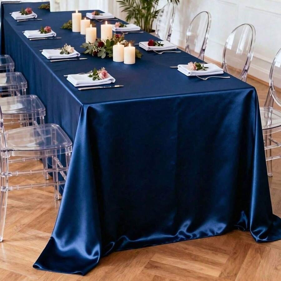 Kit de Mantel de Satén Azul Marino de Lujo - Mantel Rectangular Formal con Forro Antideslizante Apto para Mesa de Comedor en Casa, Decoración de Boda y Fiesta en Interiores y Exteriores