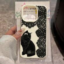 TPU Material Sweet Vintage Lace Black Cat Bow Pattern Phone Case Compatible With IPhone 17 Pro Max/17/16 Pro Max/15/13/12/11/ S20 FE/A15/S24/A55/ Note 11/Note 12/Note 13 Pro Full Coverage Anti-Drop Soft Shell Phone Protective Cover - White - View 1