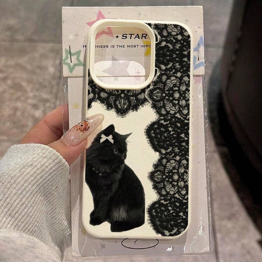 TPU Material Sweet Vintage Lace Black Cat Bow Pattern Phone Case Compatible With IPhone 17 Pro Max/17/16 Pro Max/15/13/12/11/ S20 FE/A15/S24/A55/ Note 11/Note 12/Note 13 Pro Full Coverage Anti-Drop Soft Shell Phone Protective Cover - White - View 1