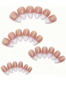 Long Almond White Gradient Nail Tips, Simple French Nail Design, Long Almond False Nail Set, Includes: 1 Jelly Glue And 1 Nail File - Multicolor - View 2