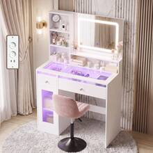 Devoko tocador con espejo LED, iluminación RGB y modo música, tocador con superficie de cristal, cajones, estante abierto, regleta de enchufes, USB/Tipo C y función de temporizador, blanco - Ver 1