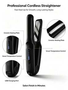 2-In-1 Portable Hair Straightener And Curler, Wireless Ceramic Heating Plate, Rechargeable Cordless Hair Clip, Upgraded Smart Temperature Control Anti-Scald, Suitable For Party And Travel - Multicolor - View 5