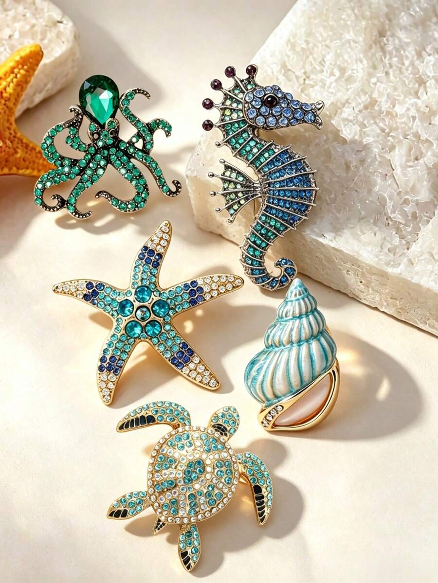 1pc Fashionable Vacation Style Heavy Rhinestone Starfish Seahorse Marine Life Brooch, Beach Holiday Accessory Gift For Best Friend - Multicolor - View 1