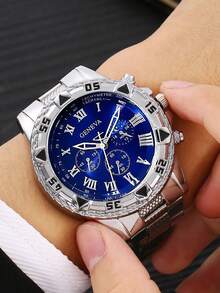 4pcs Men's Watch Set: Pen, Embossed Watch, Keychain, Stainless Steel Material, Business Fashion, Gift, Daily Wear - Silver - View 3