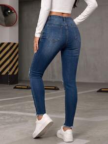 Women's Mid-Waist Slim Fit Distressed Jeans, Button Fly, Dark Wash Vintage Denim, Creating A Retro Fashion Style - Dark Wash - View 3