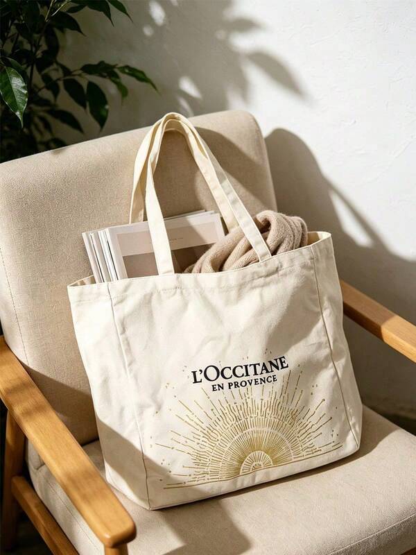 Off White Canvas Tote Bag L'Occitane Golden Sunburst Pattern Letter Print Large Capacity Travel Shopping Shoulder Bag Handbag Gift LOCCITANE-GIFT-52