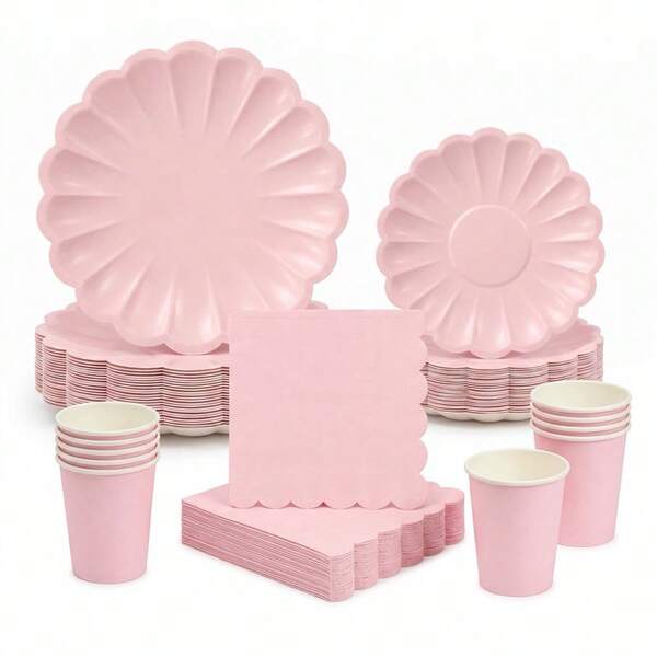 10/20/40/50pcs/Set, Fan-Shaped Paper Plates 9 Inch 7 Inch Scalloped Edge Disposable Plates Paper Cups Napkins Birthday Wedding Party Decoration (Pink) Mother's Day Gift Wedding Birthday Party Supplies Daily Picnic Camping Tray