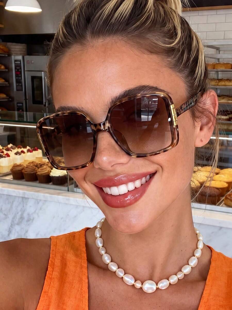 1 Pair Women's Square Leopard Print High-End Contrast Color Fashion Sunglasses, Suitable For Daily Wear, Summer Vacation, Street Party, Holiday Essential Accessory - White Leopard Double Tea - View 1