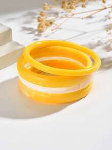 Set 4 Gelang Akrilik Bulat Minimalis Elegan yang Dapat Ditumpuk, Aksesori Modis dan Serbaguna Sepanjang Tahun, Cocok untuk Pakaian Santai Wanita Saat Liburan dan Perjalanan Sehari-hari - Kuning - View 5