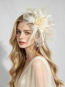 1pc Women's Tea Party Fascinator Headband Kentucky Derby Hat Flower Mesh Headpiece Hair Clip For Wedding - Beige - View 5