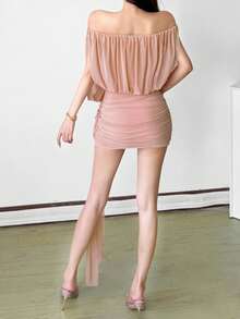 Elegant & Sexy Sleeveless Knitted Bodycon Dress For Women, Off Shoulder Ruched Design, Short Mini Length - Pink - View 3